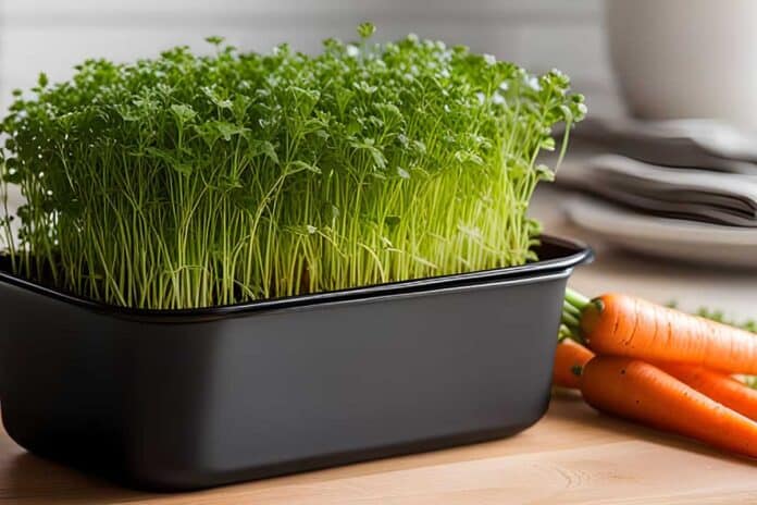 Carrot microgreens in a plastic container on a wooden table